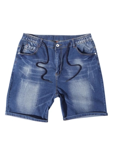 Men's dark blue elastic waist denim shorts with drawstring and washed whisker details