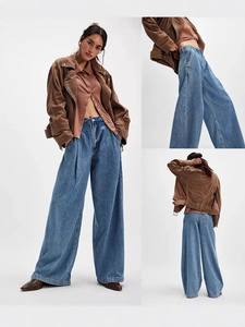 Jeans Jambe Large Taille Haute Vintage pour Femmes Pantalon Denim Lavé Ample Décontracté Bleu Longueur Sol Mode Quotidien