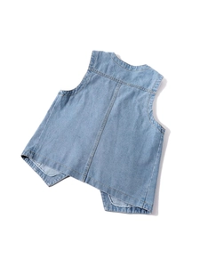 Chaleco vaquero azul claro para mujer, vista trasera, chaqueta sin mangas de estilo casual