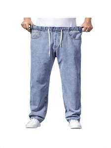 Men's light blue loose wide leg jeans with elastic drawstring waist in a relaxed fit