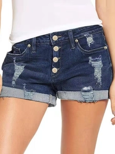 Women's High Waist Distressed Denim Shorts Cuffed Hem Ripped Button Fly Jean Shorts Summer Casual Vintage Bottoms