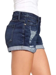 High-waisted dark blue denim shorts for women featuring ripped details and rolled hems