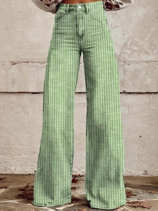 Pantalones de mujer de talle alto con rayas verdes y pernera ancha de corte holgado