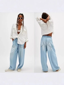 Women Casual Wide Leg Jeans Lightweight Washed Denim Elastic High Waist Straight Loose Trousers Light Blue Long Pants