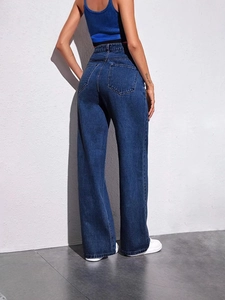 Women's high waist wide leg denim jeans in deep blue with a vintage straight fit