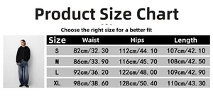 Detailed size chart for men's loose wide leg straight jeans with waist and hip measurements