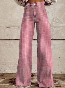 Pantalones vaqueros de talle alto y pernera ancha con rayas verticales rojas y blancas