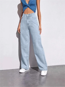 Light blue high waist wide leg denim jeans with retro straight cut for women
