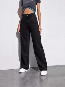 Women's high waist wide leg black denim jeans with a loose straight fit and vintage look