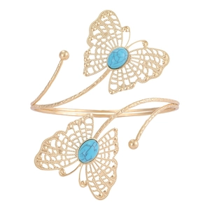 Bracelet de bras ajustable doré avec motif papillon ajouré et incrustation de turquoise