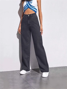 Women's high waist wide leg denim jeans in dark grey with a vintage loose fit style