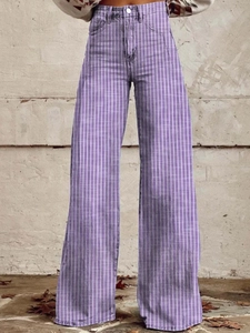 Pantalones vaqueros elegantes a rayas verticales moradas y blancas con talle alto