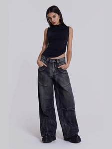 Pantalon en jean large délavé vintage pour femme avec imprimé ailes et poches cargo