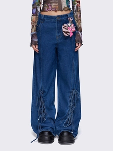 Jean denim rétro ample à jambes larges avec décoration à lacets croisés pour femmes