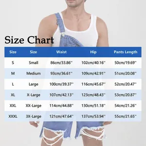 Tableau des tailles détaillé pour salopette courte en jean déchiré homme S à 3XL