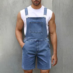 Size chart for men's denim overalls shorts including waist, hip and length measurements