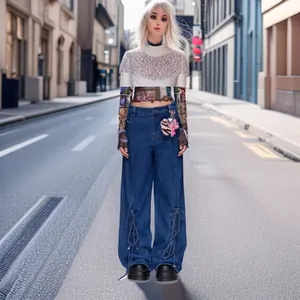 Jean Large Rétro pour Femmes avec Détails Lacets Vintage Streetwear Taille Moyenne Droit Denim Cargo Pantalon