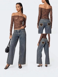 Damen Vintage Blau Gerade Weites Bein Jeans Leopardenmuster Herz Patch Niedrige Taille Denim Hose Y2K Streetwear Mode