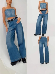 Jeans Taille Haute Jambe Large Vintage Américain pour Femmes Streetwear Denim Délavé Pantalon Coupe Droite Jeans Denim Bleu