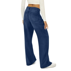 Rear view of high-waisted wide-leg denim jeans in dark blue showing pocket details