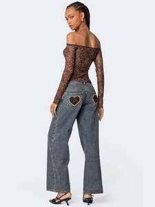 Damen Jeans mit Herz-Leopardenmuster und Mesh-Oberteil für einen modischen Look