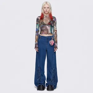 Haut en mesh Y2K pour femmes et jean large avec décoration à lacets unique au bas