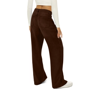Rear view of dark brown high-waisted wide-leg denim jeans with classic five-pocket style