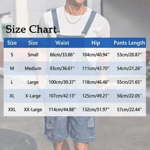 Detailed size chart for men's ripped denim overalls showing waist and hip measurements