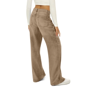 Detail view of high waist brown wide leg jeans with functional back pockets