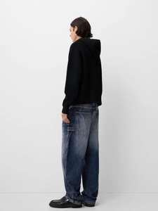 Slim fit retro blue distressed jeans and black hooded sweater outfit for men