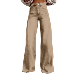 Detail showing khaki high-waisted wide-leg jeans with vintage washed denim texture
