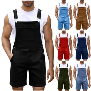 Detail view of denim overall shorts featuring multi-pocket design and six color options