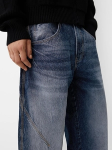 Men's vintage slim fit dark blue washed denim jeans with contrast stitching