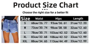 Size chart for high waist distressed denim shorts with waist, hips, and length data