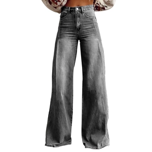 Detail of high waisted wide leg jeans in smoke grey with vertical stitching details