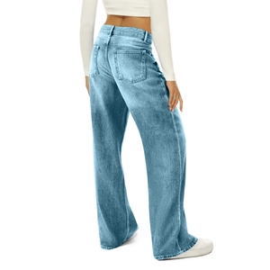 Rear view of light blue high-waisted wide-leg jeans with back pocket details on a model