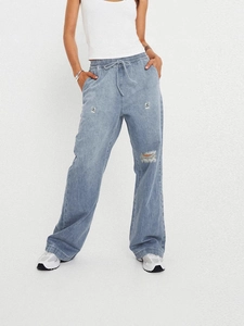 Women's light blue wide-leg distressed jeans with elastic drawstring high waist