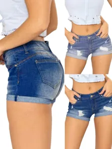 Pantaloncini di Jeans Distressed da Donna Sexy a Vita Alta Strappati in Misto Cotone Orlo Risvoltato Hot Pants Estate Casual