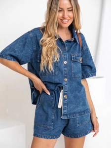 Completo Vintage Donna in Denim di Cotone Lavato Top E Bottom Camicia a Maniche Corte Con Bottoni E Pantaloncini Casual Vita Alta