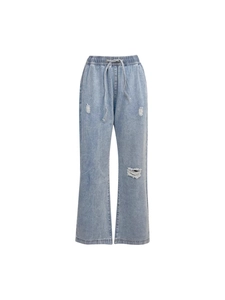 Light blue slim fit ripped denim jeans for women with elastic drawstring waist detail