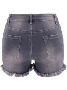 Rear view of grey high-waisted denim shorts featuring frayed hems and back pockets