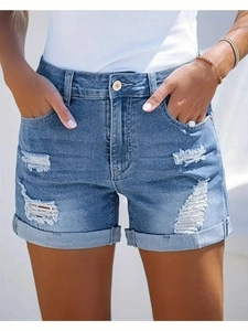 Women Ripped Distressed Denim Shorts Summer Casual Mid Waist Cuffed Hem Cotton Blend Washed Jean Shorts Blue Streetwear