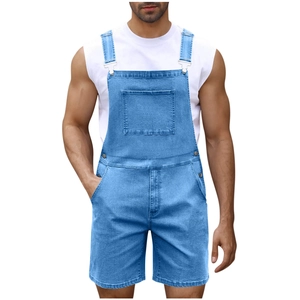 Detail view of light blue denim overalls with silver buckles and large chest pocket