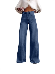 Women's vintage high waist wide leg denim trousers in dark blue with washed finish