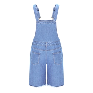 Rear view of light blue denim overalls with adjustable straps and frayed hem detail