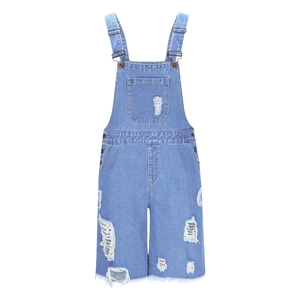 Detail of ripped light blue denim overalls for men featuring distressed holes and frayed hems