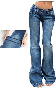Close-up showing the high elasticity and deep blue washed fabric of flared jeans