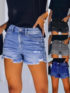 Women High Waisted Ripped Denim Shorts Distressed Frayed Hem Washed Stretch Cotton Denim Shorts For Summer Casual Wear