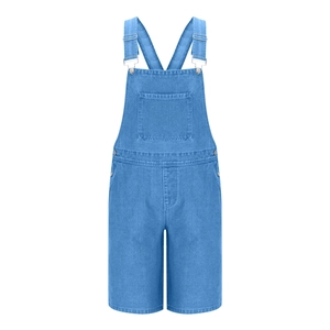 Macro shot of light blue denim dungaree shorts with adjustable metal buckles and stitching