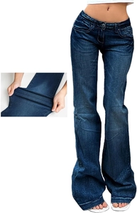 Detail showing high-stretch fabric and dark blue flared jeans with washed texture